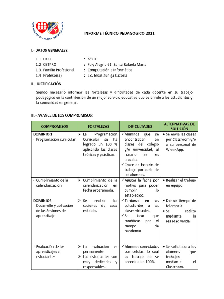 Informe Técnico CETPRO Fe y Alegría 61 | PDF | Plan de estudios