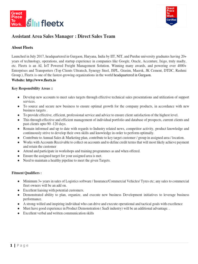 Assistant Area Sales Manager Role at Fleetx | PDF | Employment | Sales