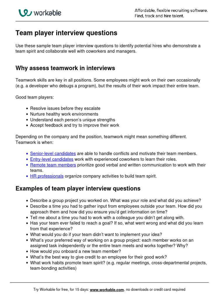 Team Player Interview Questions Guide | PDF | Team Building | Cognition