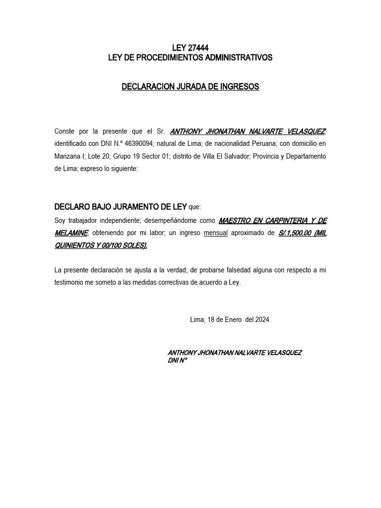 Declaración Jurada de Ingresos 2024 | PDF