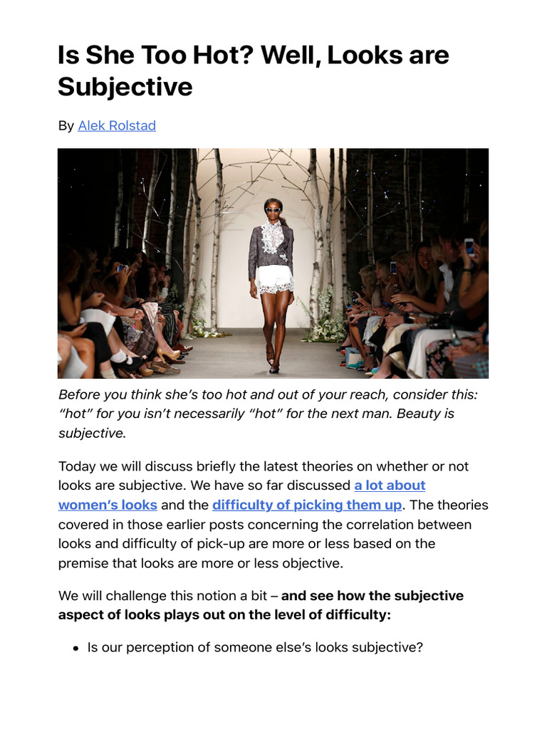 Is She Too Hot Well, Looks Are Subjective | PDF | Beauty | Perception