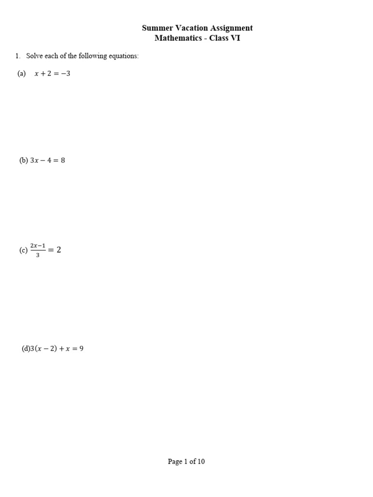 Mathematics - Summer Vaccation Assignment Mathematics VI Annual | PDF ...