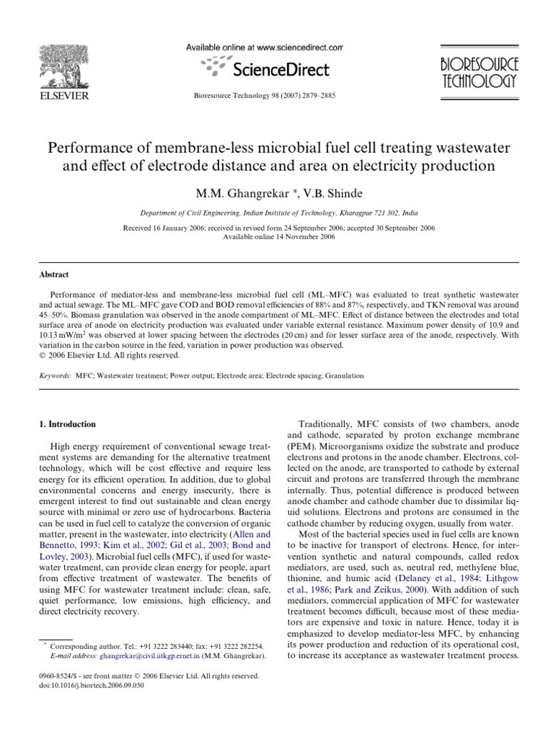 Membrane-less Microbial Fuel Cell Efficiency | PDF | Anode | Sewage ...