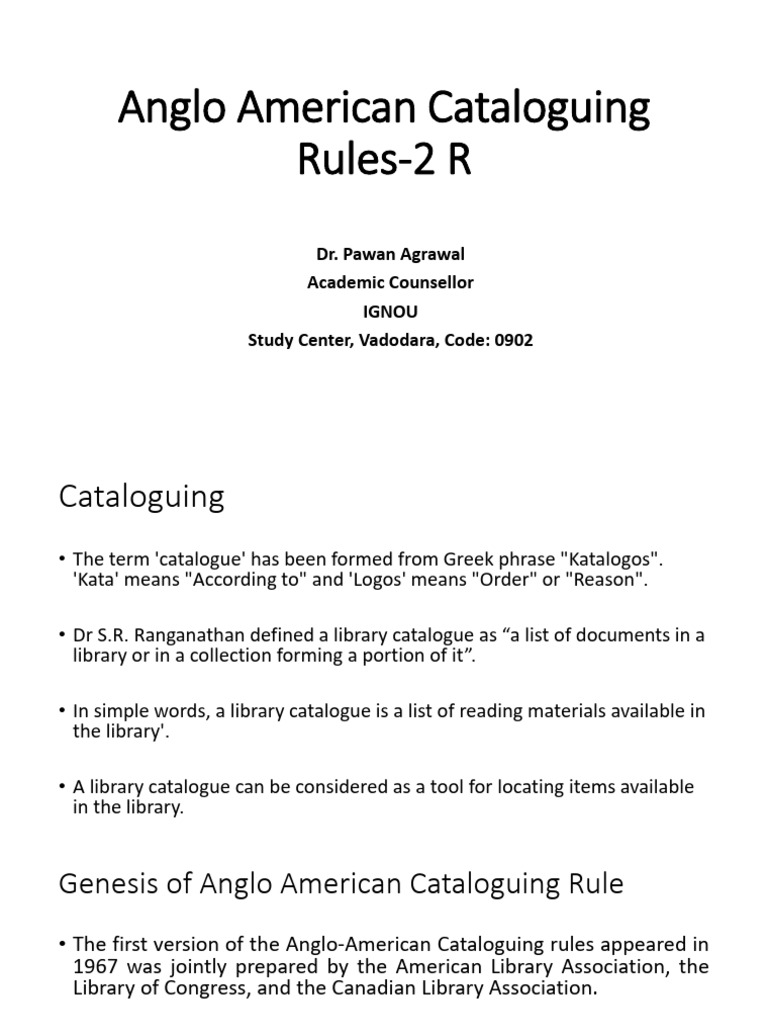 Overview of AACR2 Cataloguing Rules | PDF | The Sketch Book Of Geoffrey ...