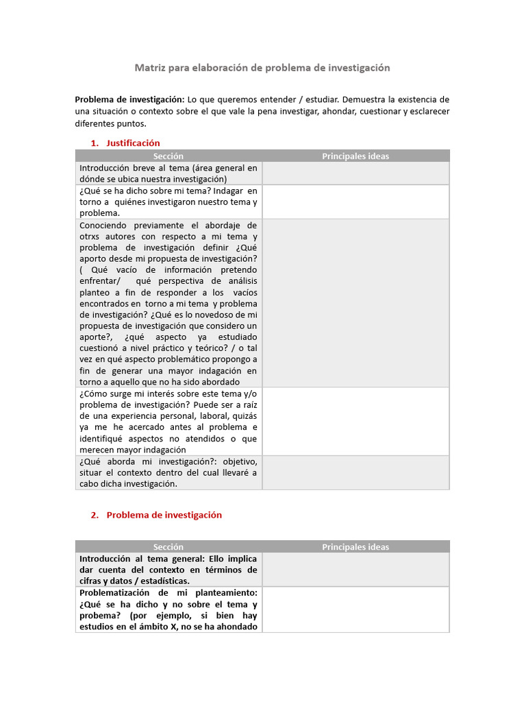 Matriz para elaboraci-n de problema de investigaci-n final .docx | PDF