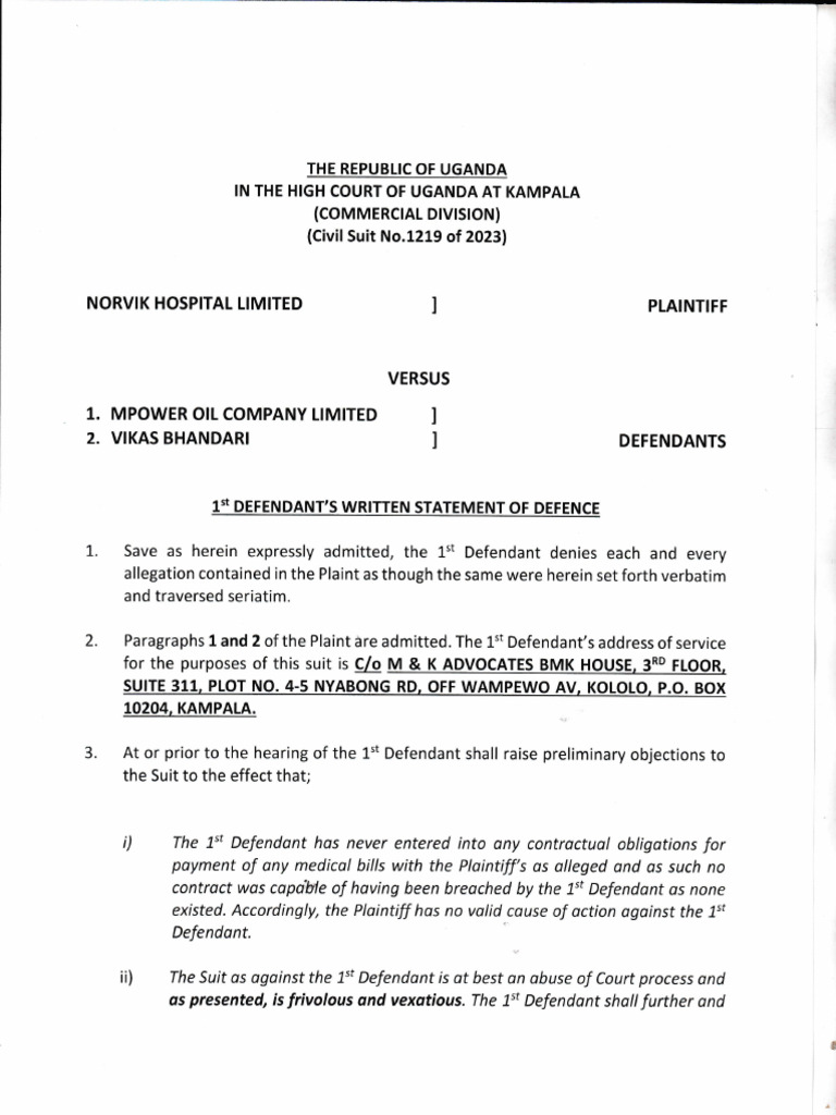1st Defendant's Written Statement of Defence | PDF | Lawsuit | Common Law