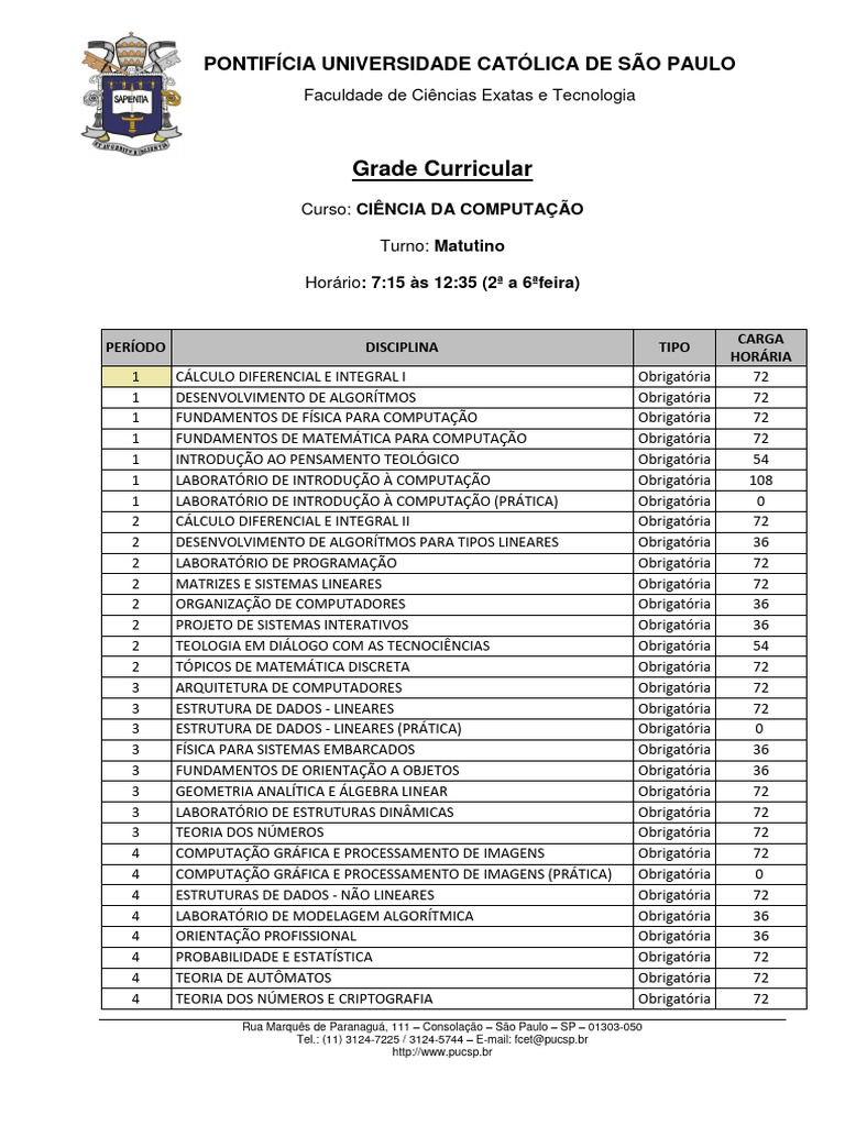 Grade Curricular Ciência da Computação PUC-SP | PDF | Informática ...