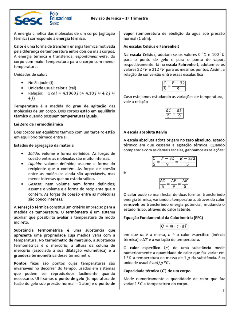 Revisão de Termodinâmica e Calor | PDF | Temperatura | Calor