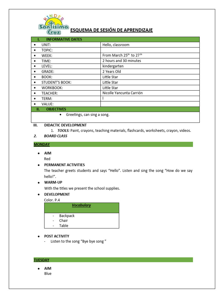 Kindergarten Learning Session Plan | PDF | Cognition | Human Communication