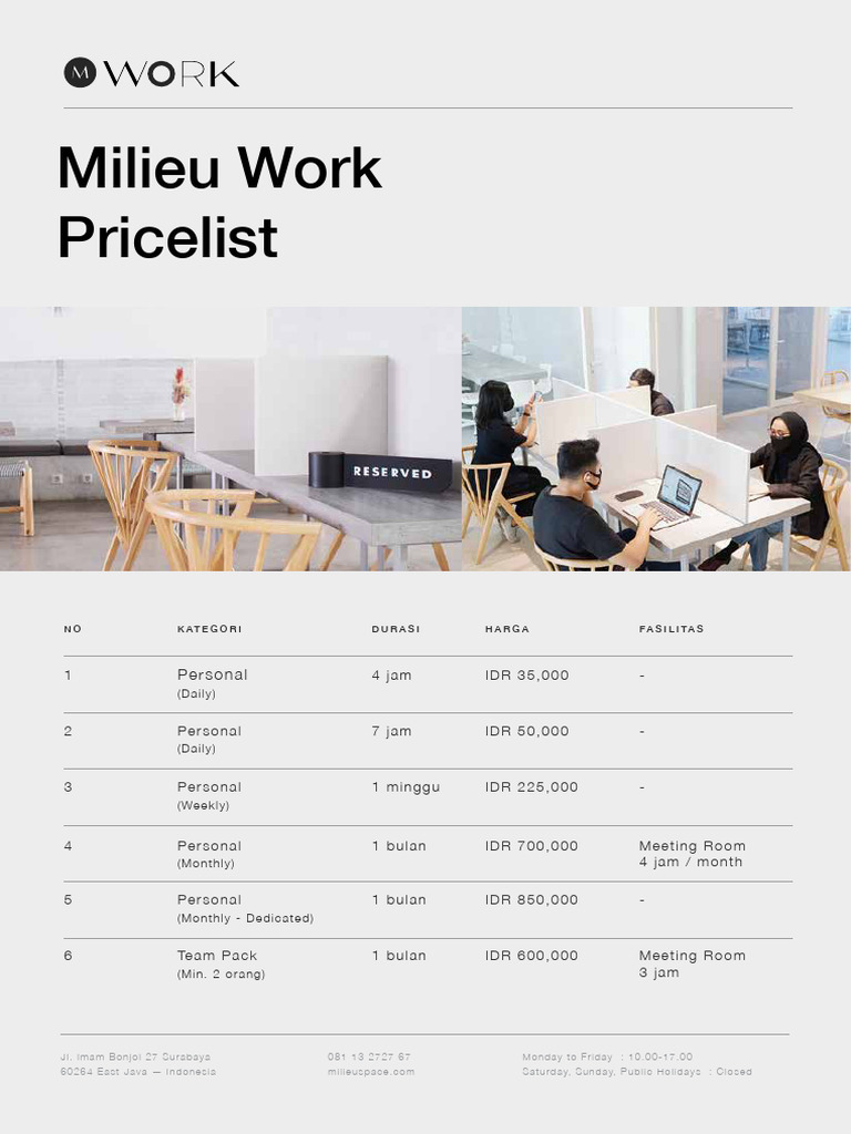 Milieu Work (Co-Working Space) Price List | PDF