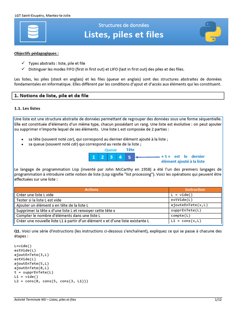 A2 Tnsi Listes Piles Files | PDF | Python (Langage de programmation ...