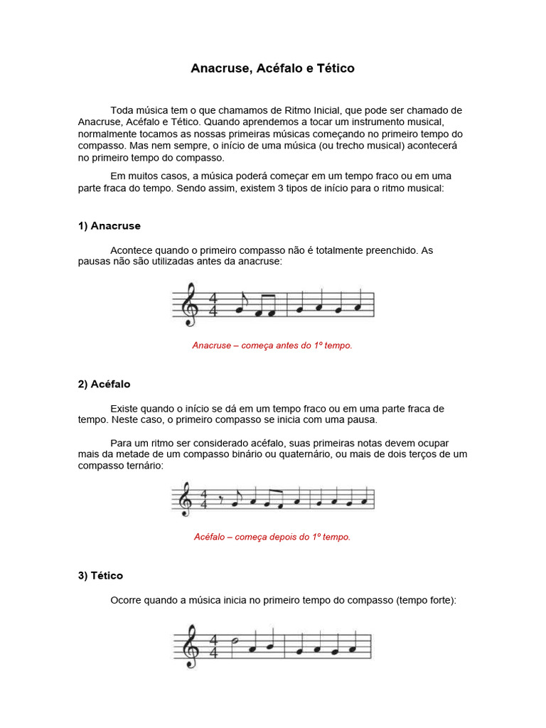 Ritmos Iniciais: Anacruse, Acéfalo e Tético | PDF