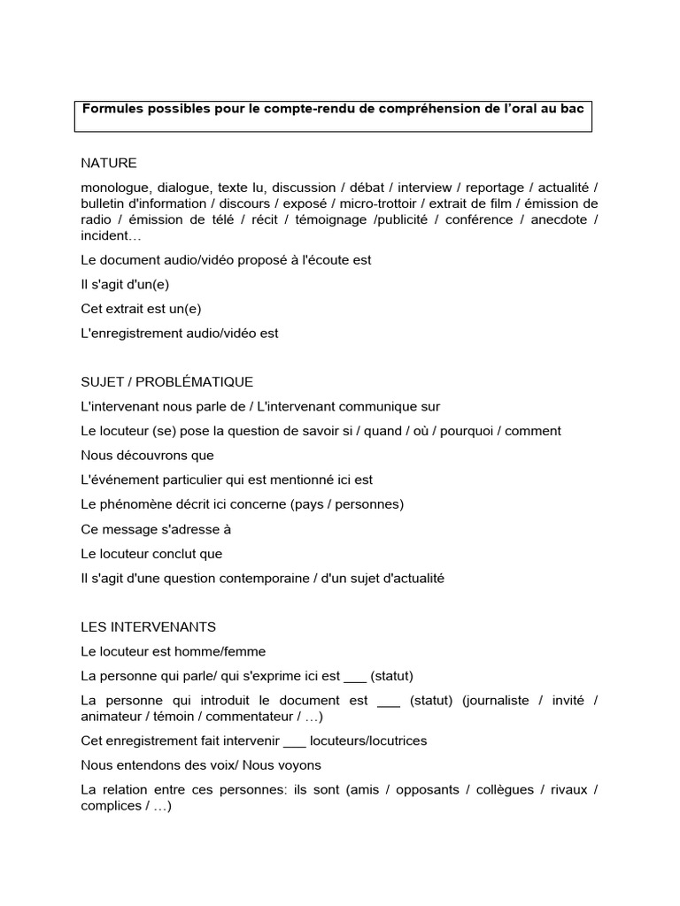 Compte rendu oral au bac : formules clés | PDF | Études des langues ...