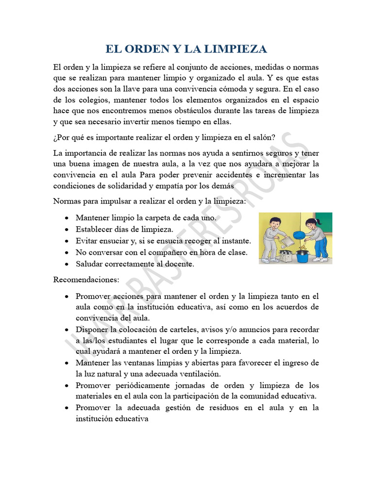 Importancia del Orden y Limpieza Escolar | PDF | Crecimiento personal y ...