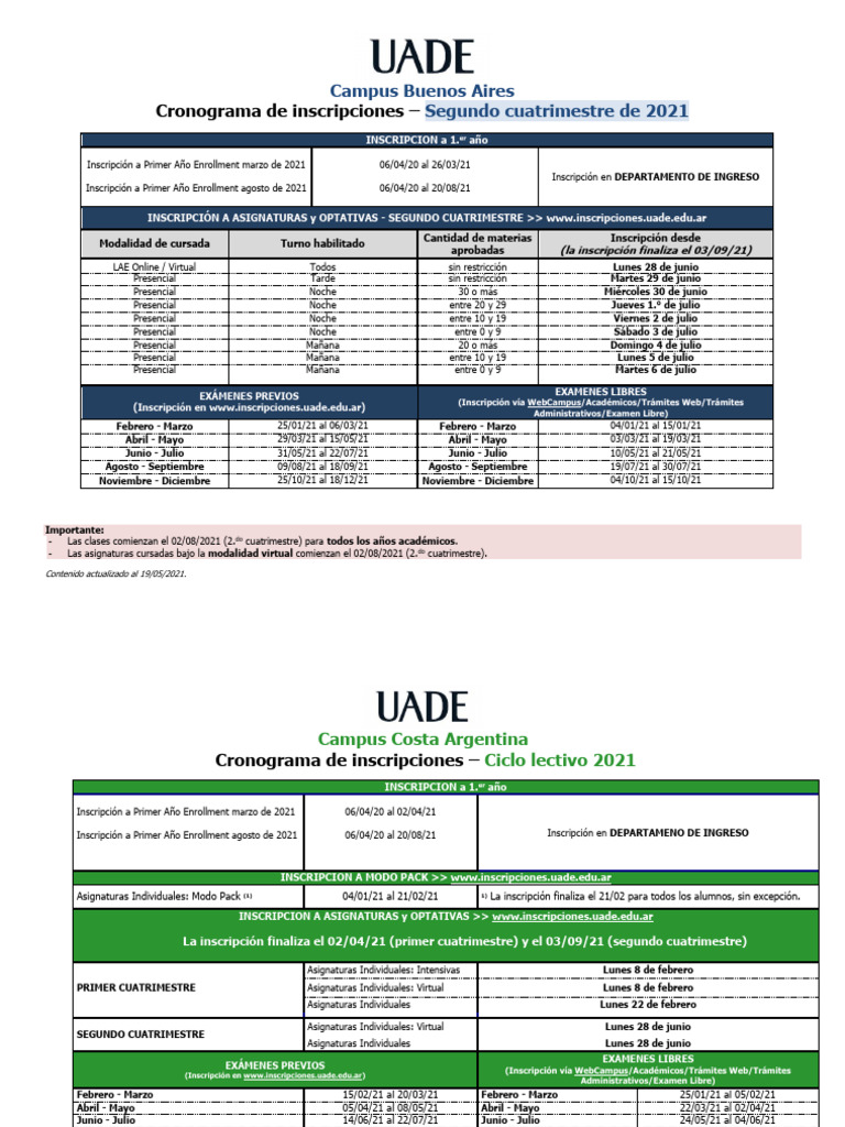 Inscripciones y Calendario UADE 2021 | PDF