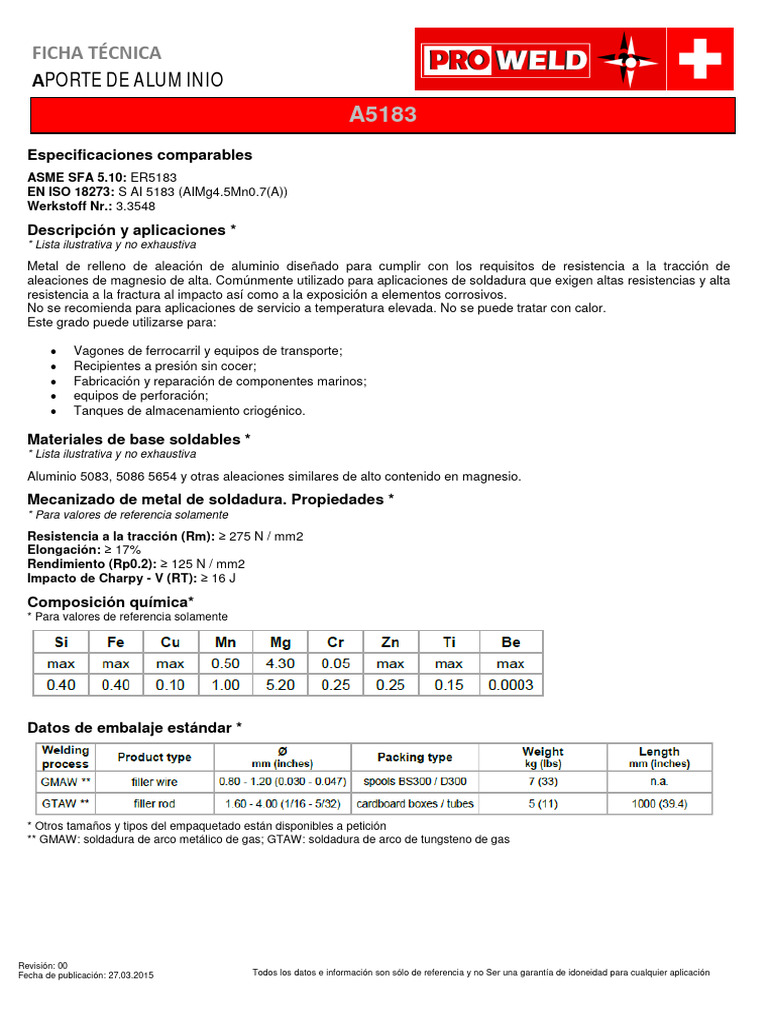 Alambre Aluminio 5183 | PDF | Soldadura | Construcción