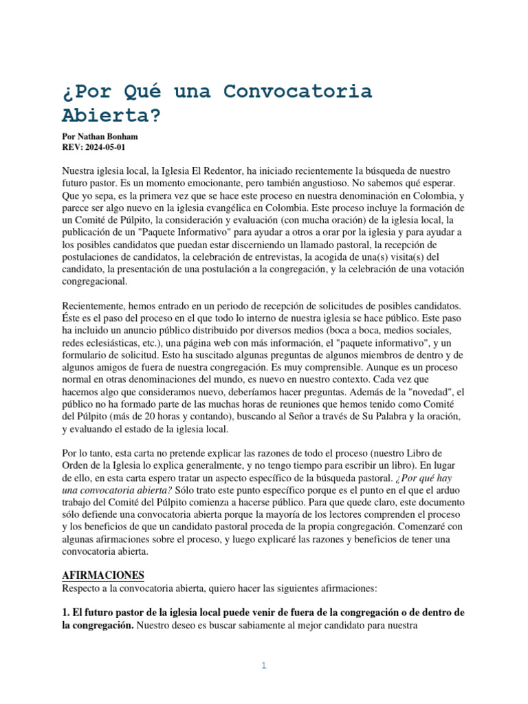 Por Que Una Convocatoria Abierta 2024 05 01 Pdf Iglesia Cristiana