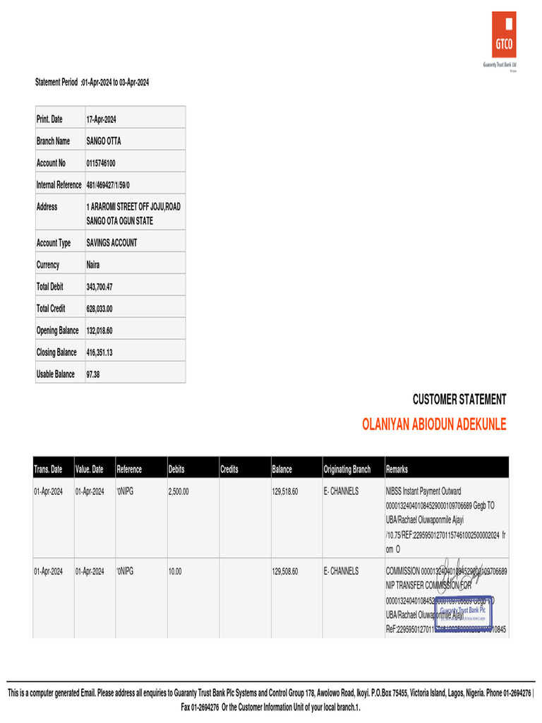 GTBank Savings Account Statement | PDF | Value Added Tax | Payments