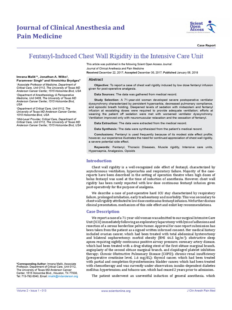 Fentanyl-Induced Chest Wall Rigidity Case | PDF | Intensive Care ...