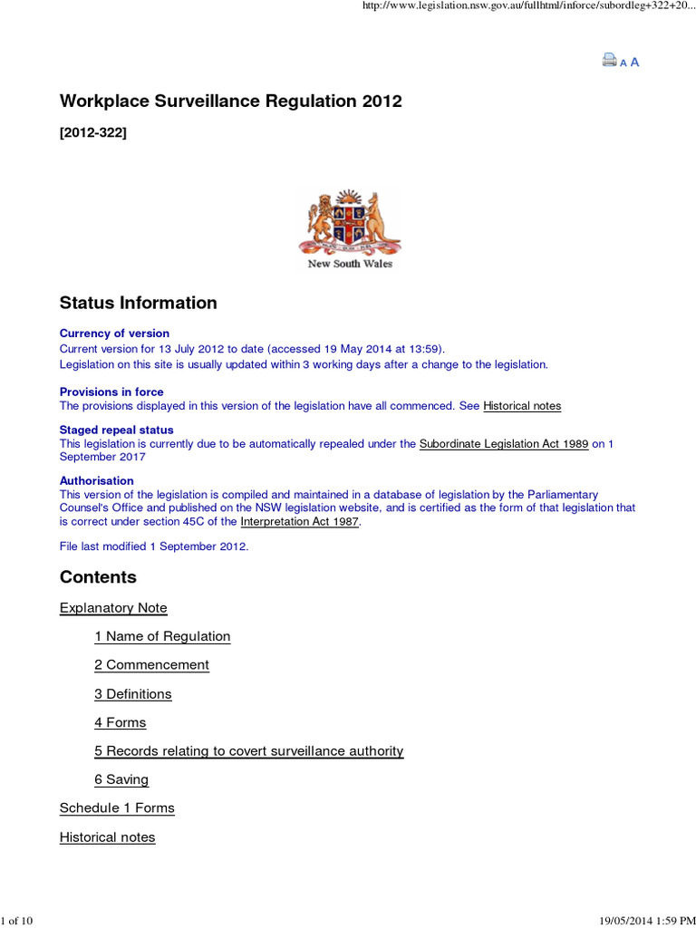 Workplace Surveillance Regulation 2012 Pdf Surveillance Employment