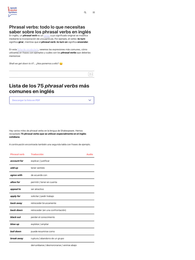 75 Phrasal Verbs Frecuentes en Inglés (+ Audios, Ejercicios) | PDF ...