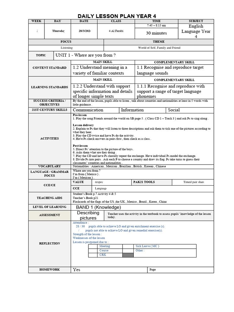 Year 4 English Lesson Plan: Countries | PDF | Lesson Plan | Teachers