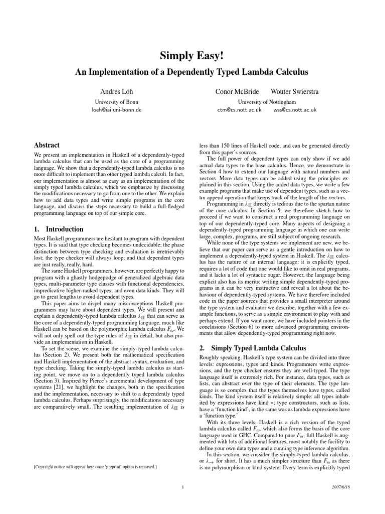 An Implementation of a Dependently Typed Lambda Calculus | Download ...