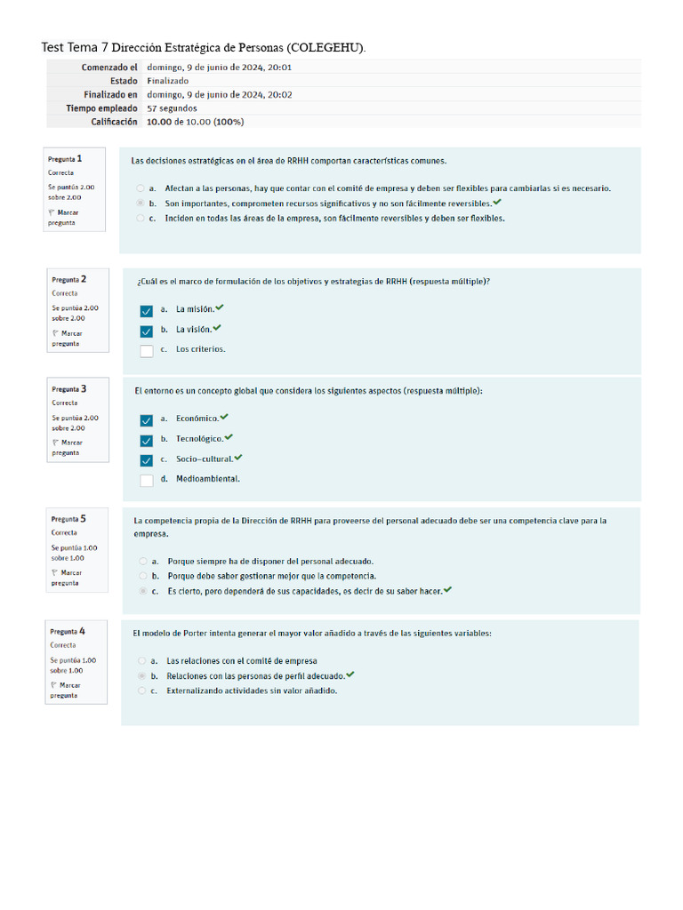 Test Tema 7 Dirección Estratégica de Personas | PDF | Crecimiento ...