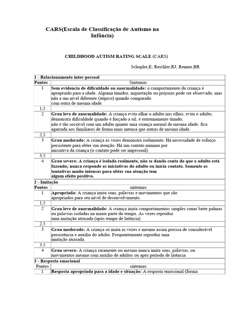 Escala CARS: Avaliação do Autismo Infantil | PDF | Espectro do autismo ...