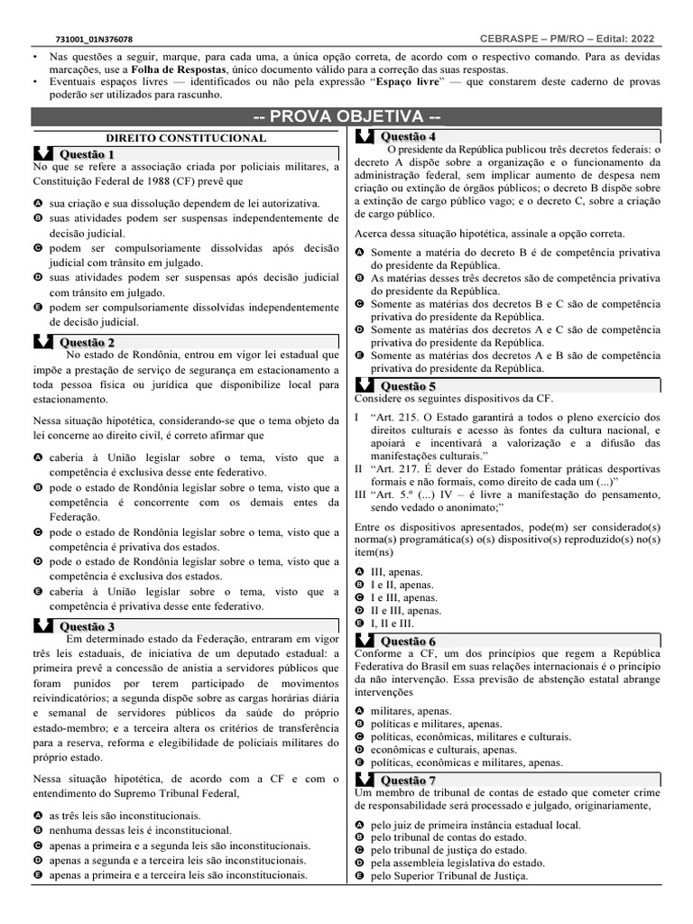 Cespe Cebraspe 2022 PM Ro Oficial Combatente Da Policia Militar Prova ...