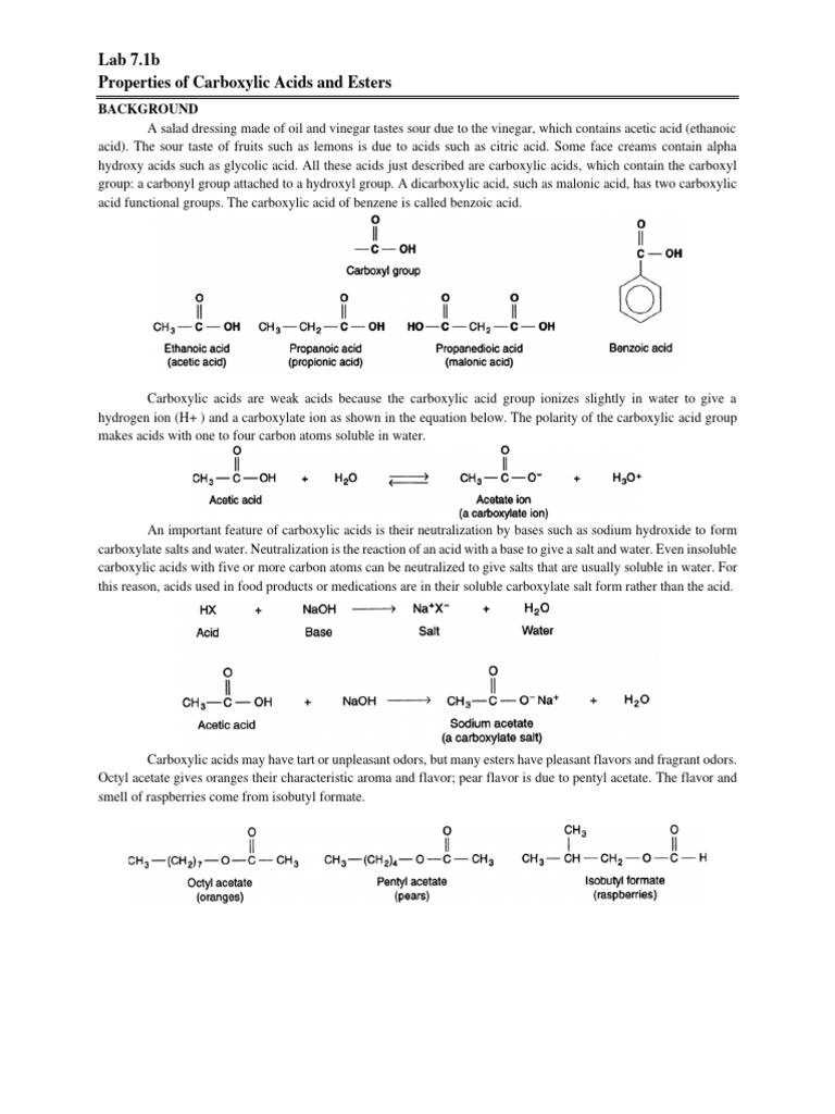 Lab 7.1b - Properties of Carboxylic Acids and Esters | PDF | Ester | Acid