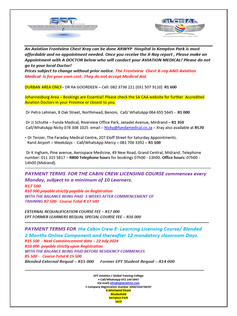 EPT TRAINING DATES AVIATION MEDICAL CABIN CREW PAYMENT PLANS 2025 (1