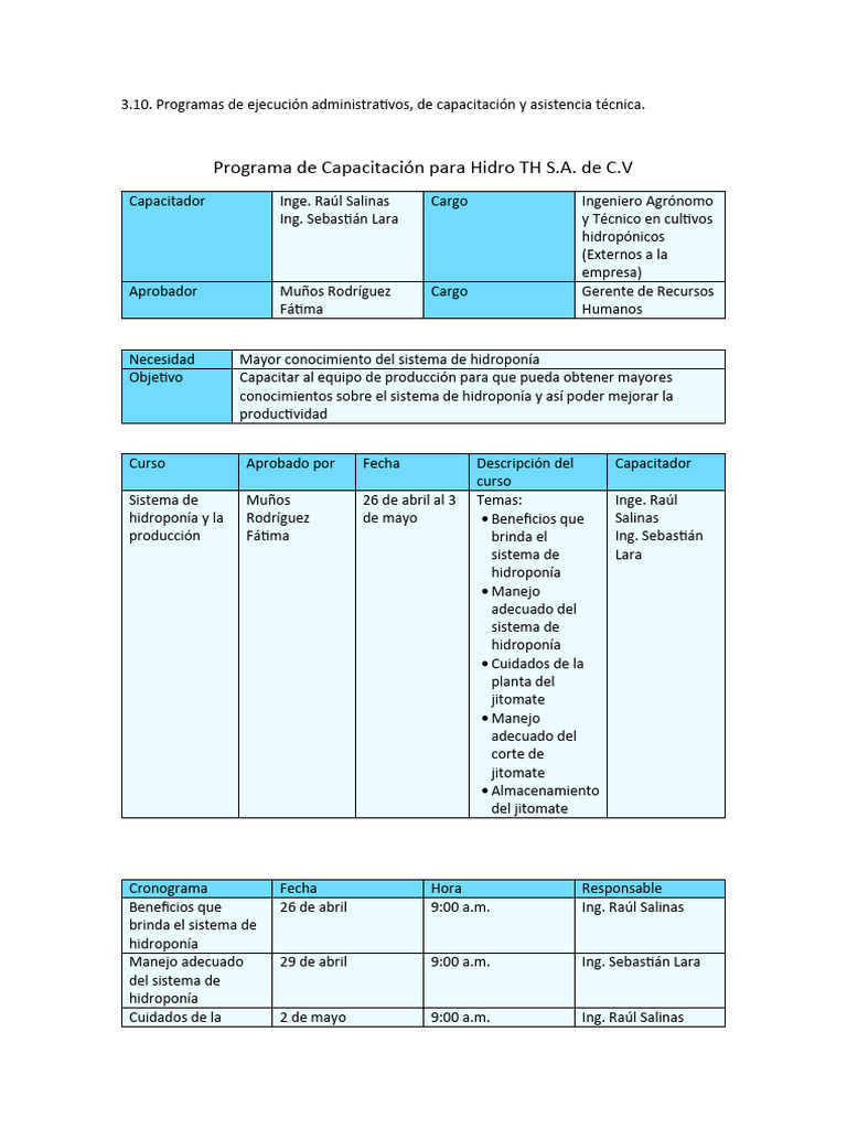 Programa de Capacitación para Hidro TH S.A. de C.V | PDF | Business ...