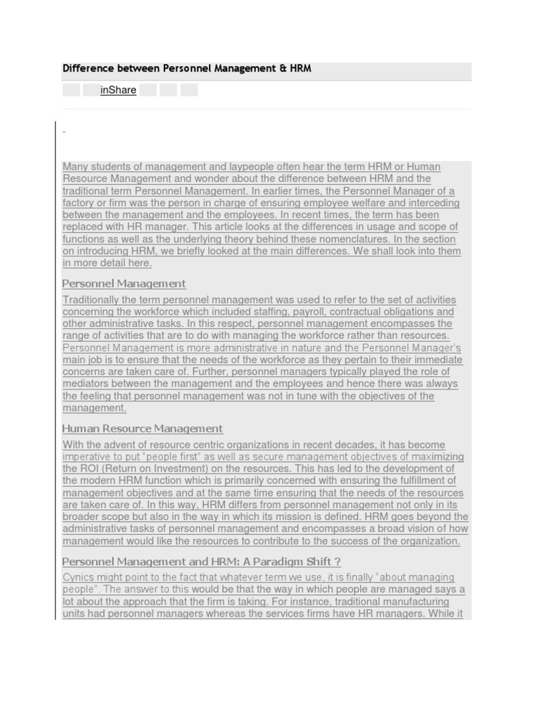 Personnel Management vs HRM Explained | PDF | Human Resource Management ...