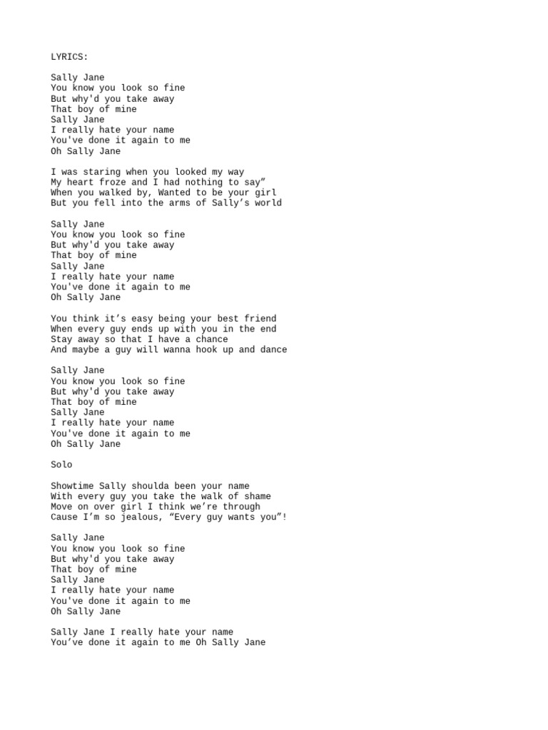 Sally Jane Lyrics: A Tale of Jealousy | PDF