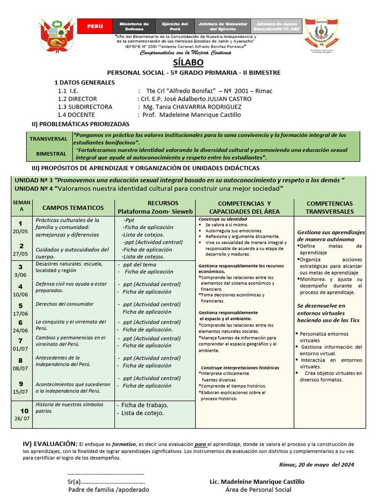 Silabo II Bimestre Personal Social | PDF | Evaluación | Aprendizaje