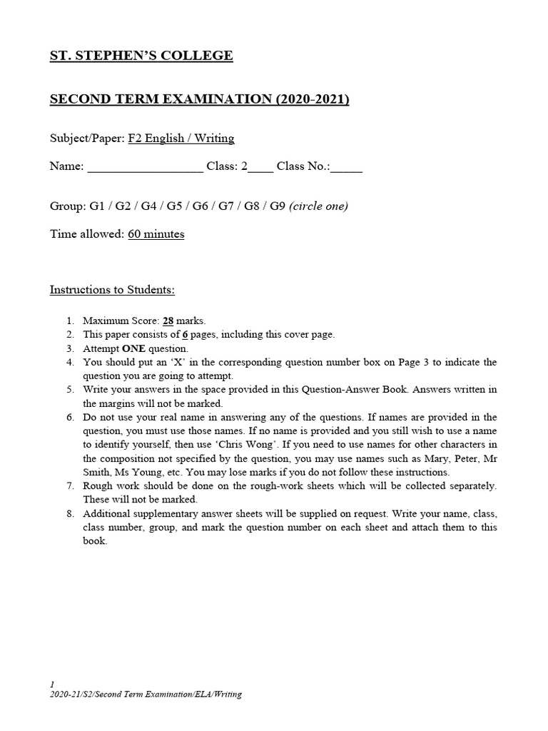 2020-21 S2 T2 Writing Exam (Final Final Draft) | PDF | Adolescence ...