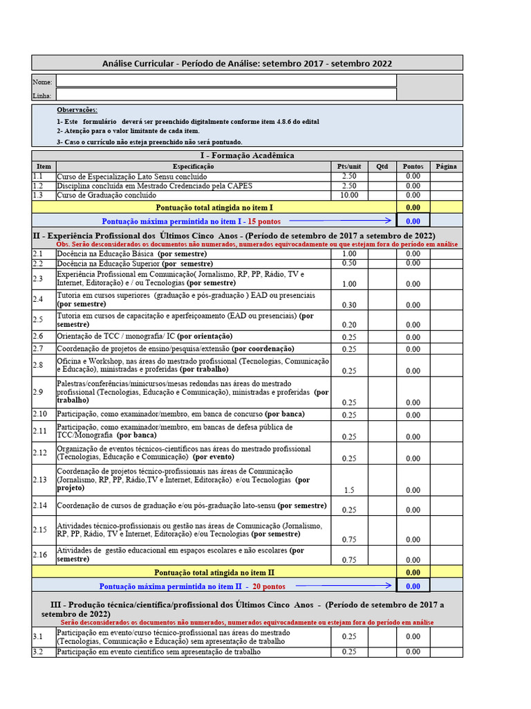 Formulario De Analise Curricular 0 Pdf Pós Graduação Mestrado