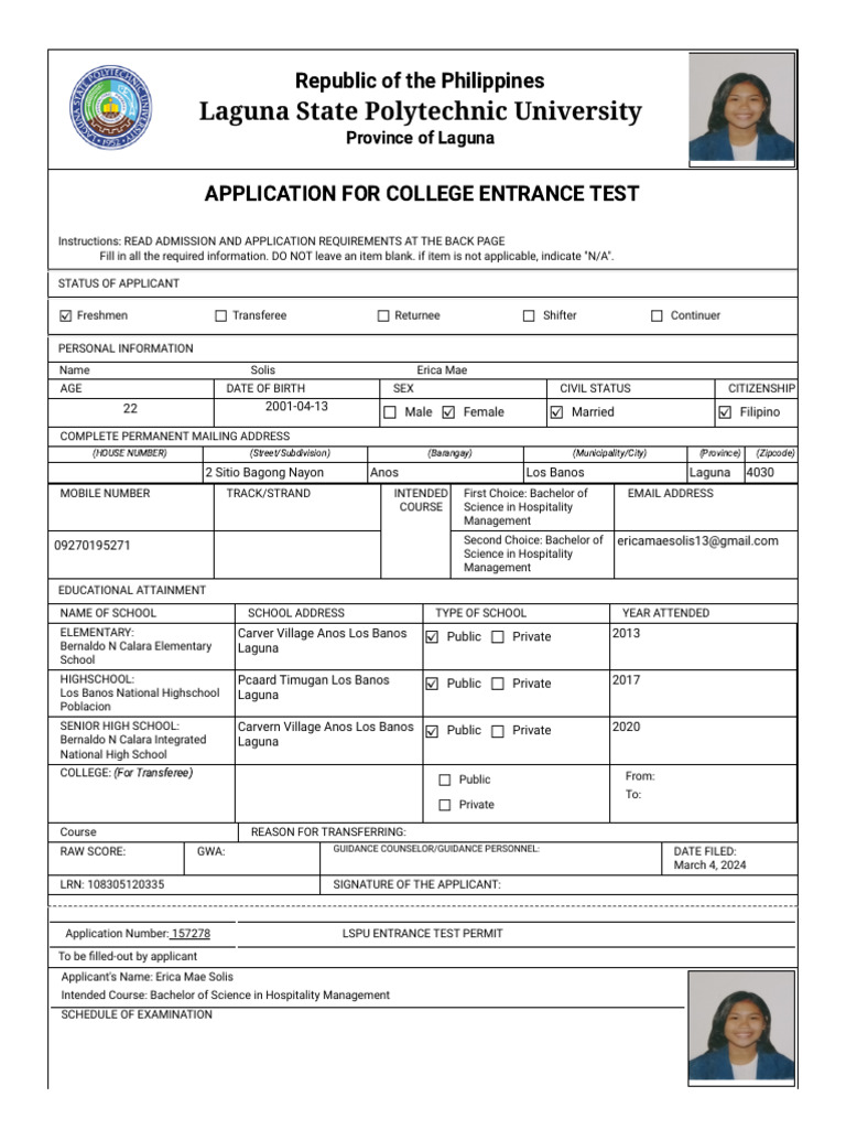College Entrance Test Application Form | PDF