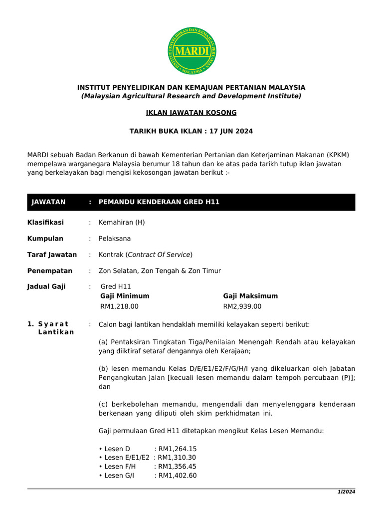 Jawatan Pemandu Gred H11 di MARDI | PDF