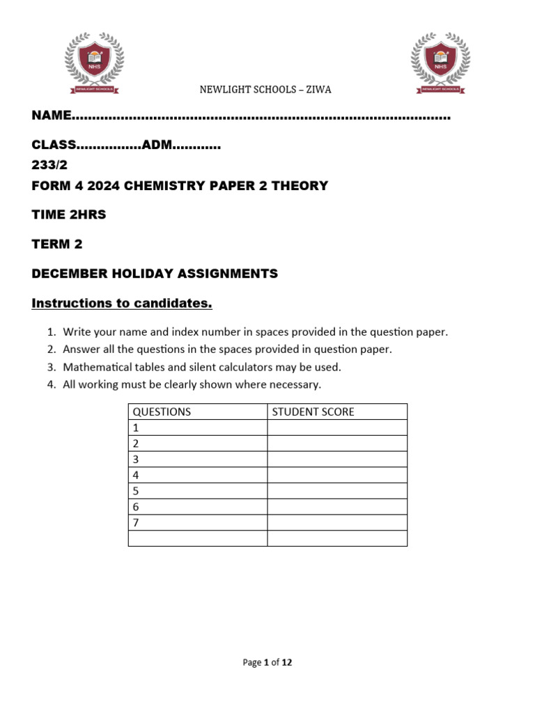 Form 4 Chemistry Paper 2 2024 | PDF | Chemical Compounds | Atoms