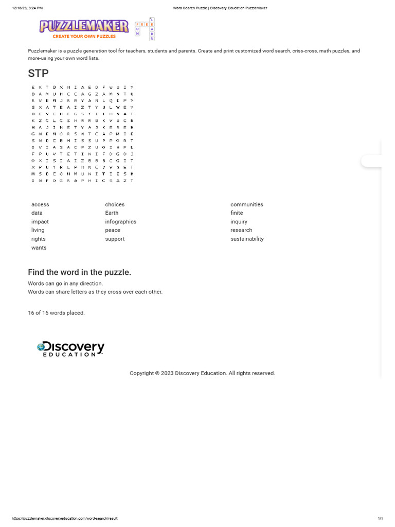 Word search puzzle discovery education puzzlemaker pdf