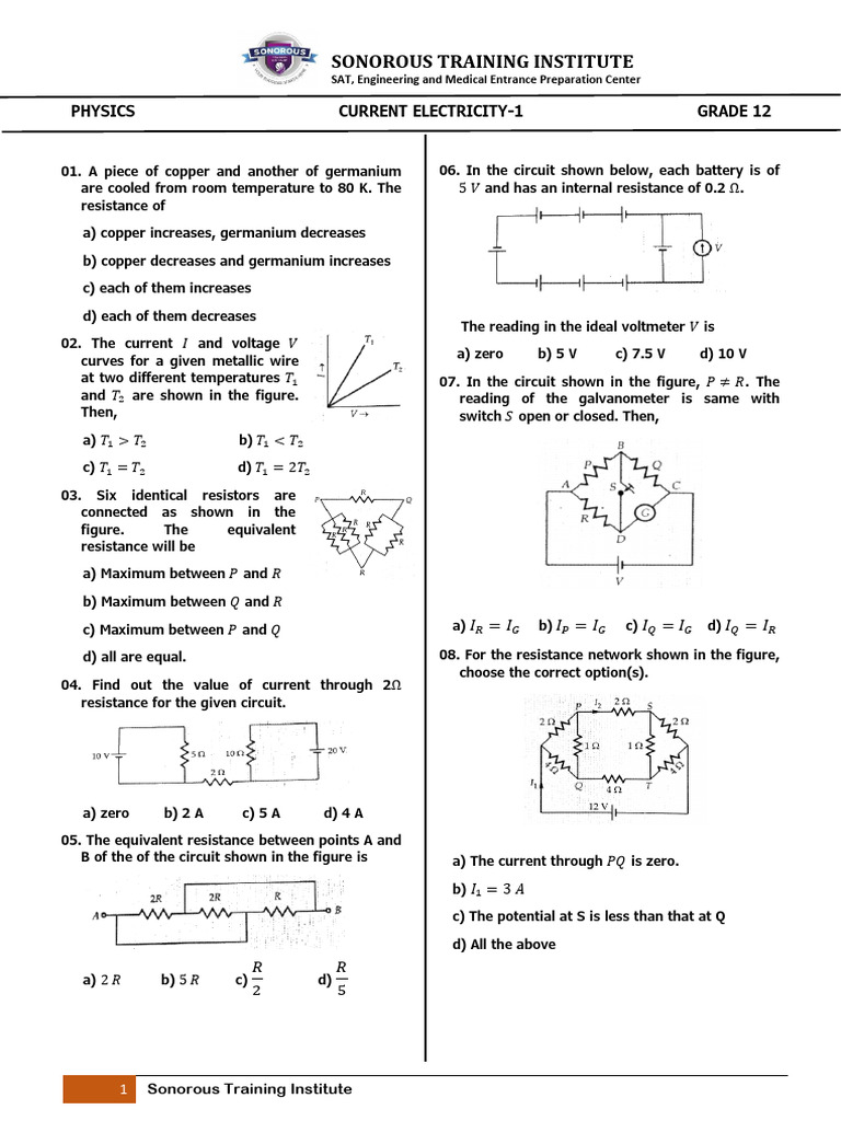 Grade 12 Physics: Current Electricity Quiz | PDF | Electrical ...