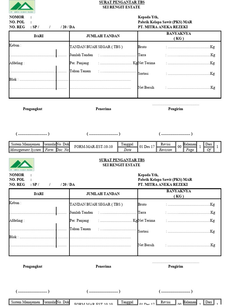 2021.03.20. Form-Mar-Est-10-10 Form Surat Pengantar Tbs | PDF