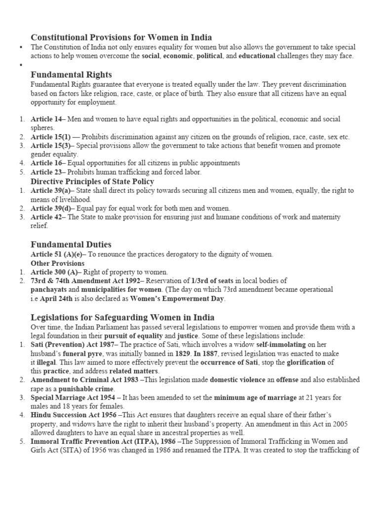 Constitutional provisions for women in india directive principles of