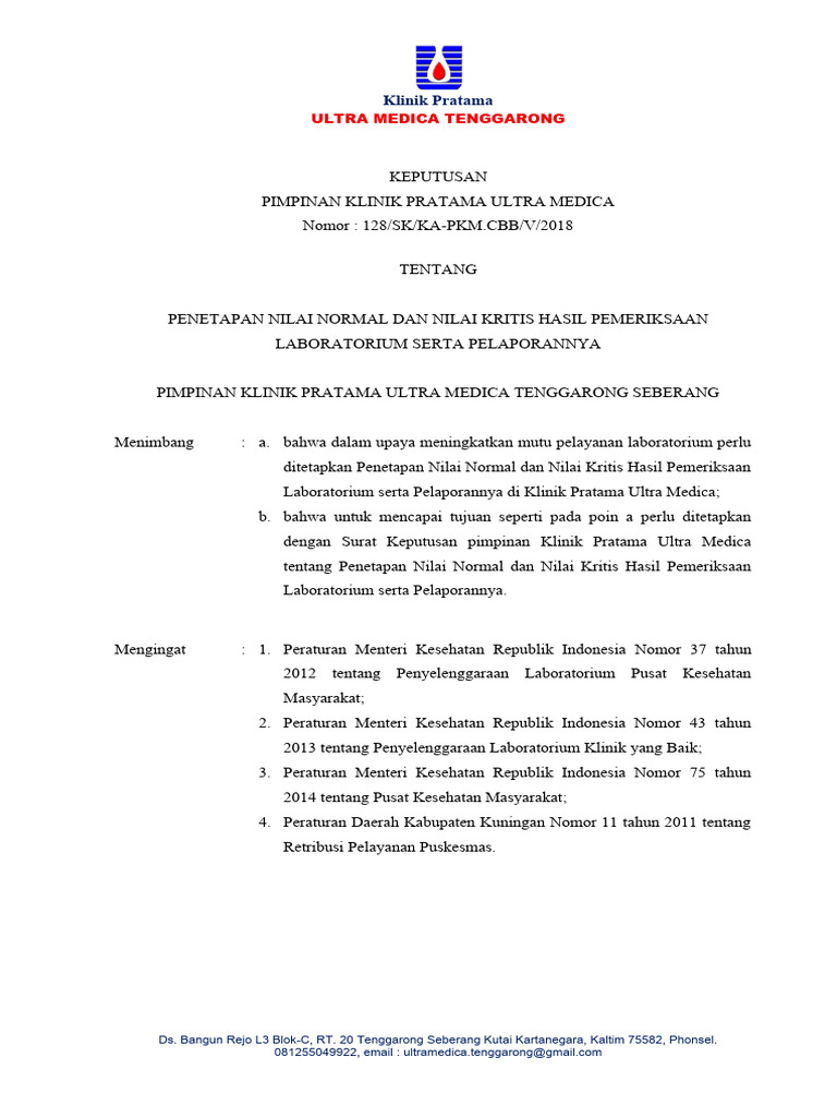 Penetapan Nilai Normal Laboratorium Ultra Medica | PDF