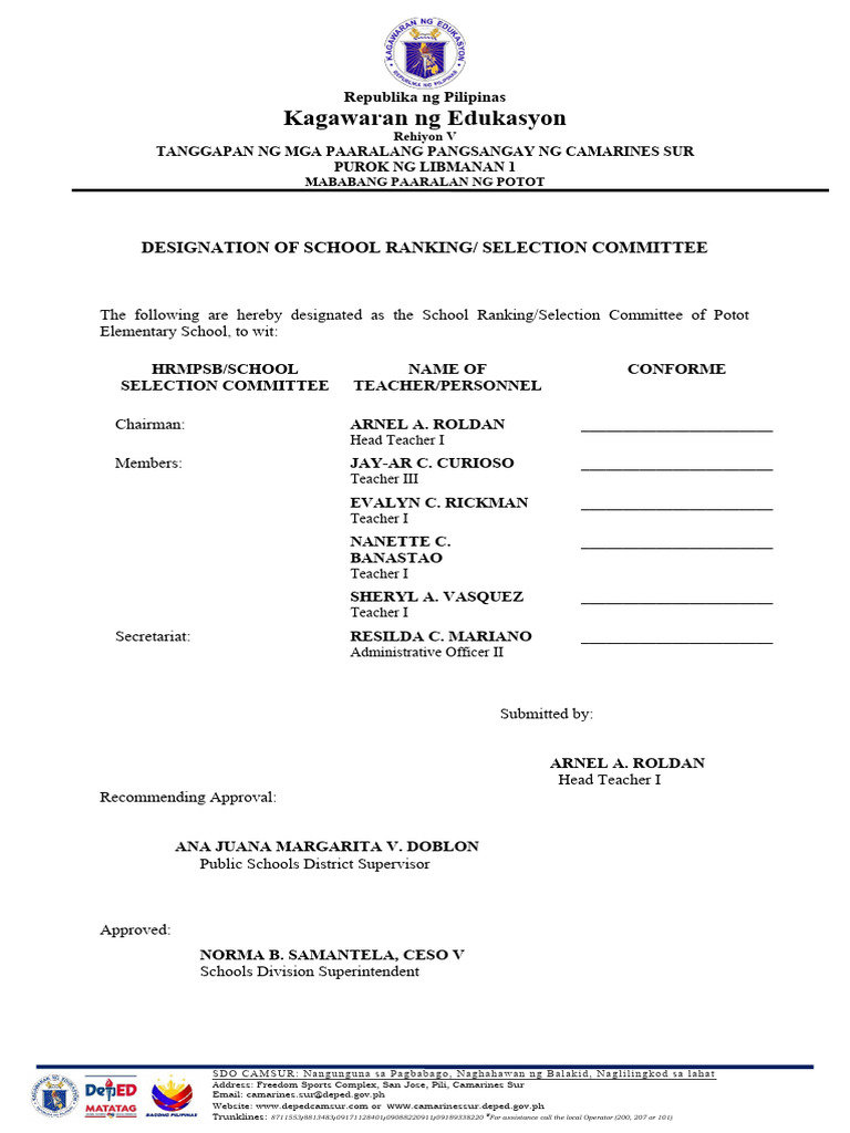 Potot School Ranking Committee Designation | PDF | Human Communication ...