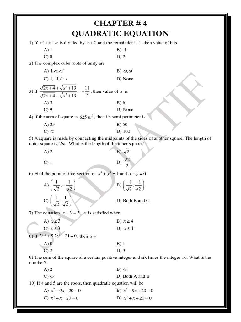 Chapter # 4 Quadratic Equations | PDF | Mathematical Concepts ...