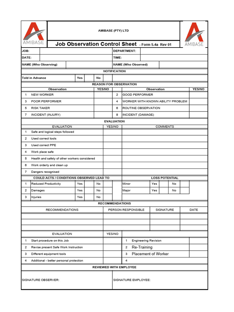Job Observation Control Sheet | PDF | Personal Protective Equipment ...