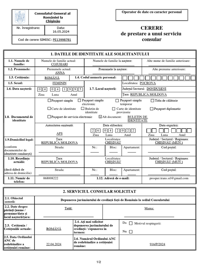 Cerere Servicii Consulare - Depunerea Jurământului de Credință Față de ...
